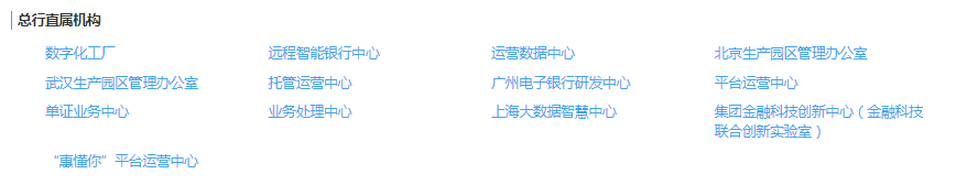 在其官網(wǎng)公告中，建行的總行直屬機構及子公司如下圖：